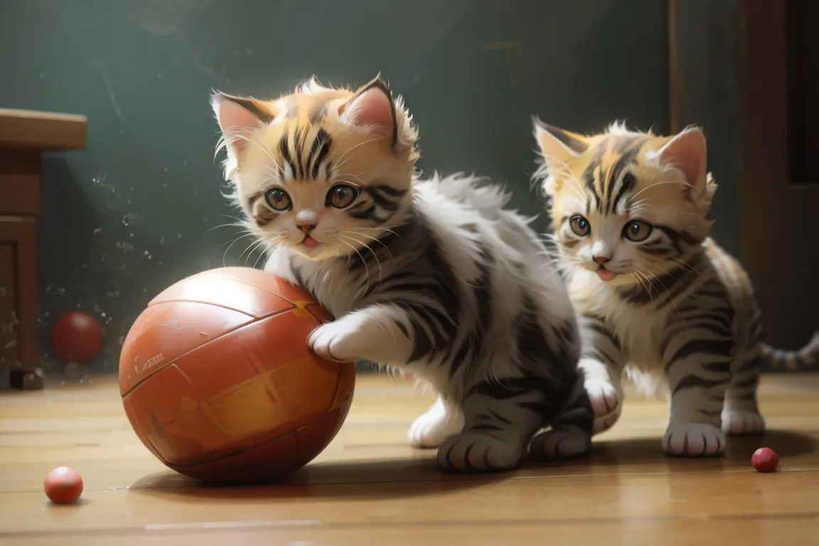 two kittens playing with a ball on the floor