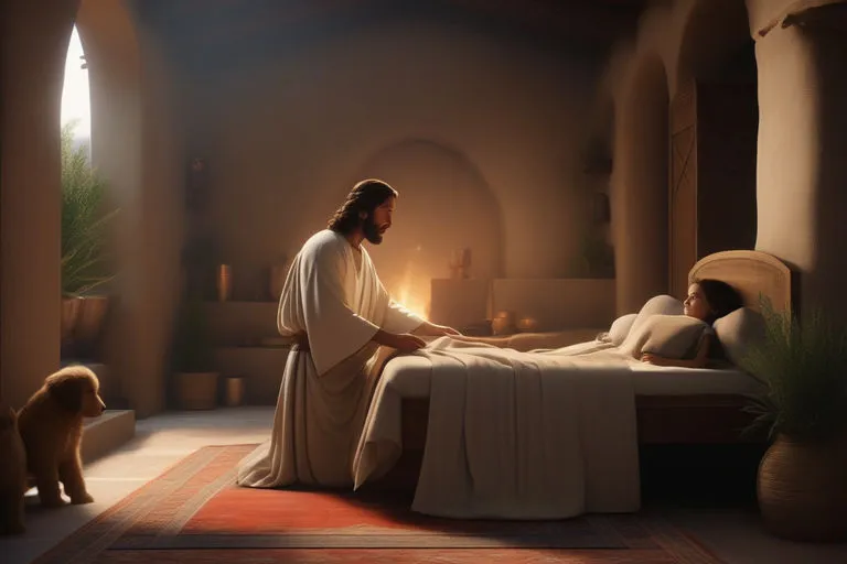 a painting of jesus in a room with a dog