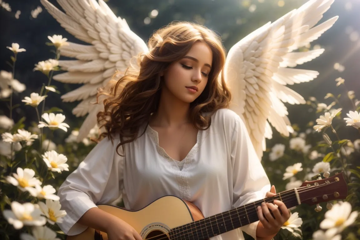 a woman with wings playing a guitar in a field of daisies