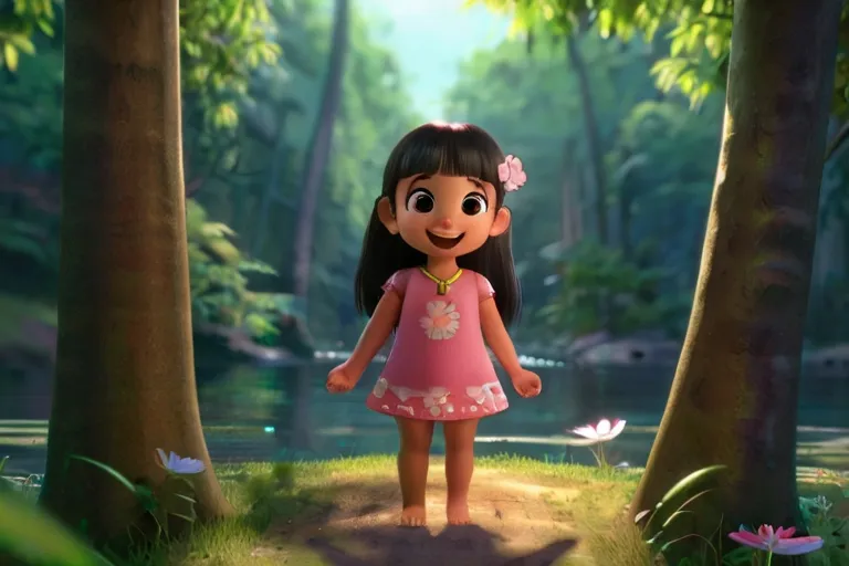 a little girl standing in the middle of a forest