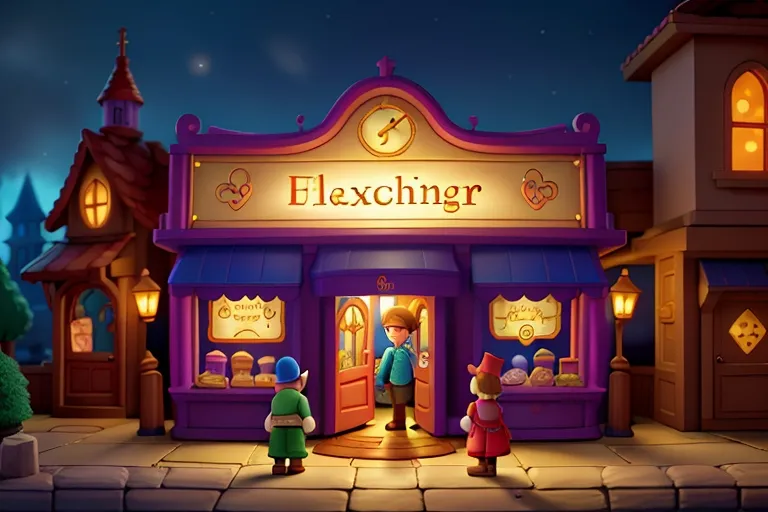 The Enchanted Toy Shop's sign hangs above the entrance, its letters illuminated in soft light. Teddy, Clara, and Rex stand beneath it, ready to explore the wonders that await them inside.


