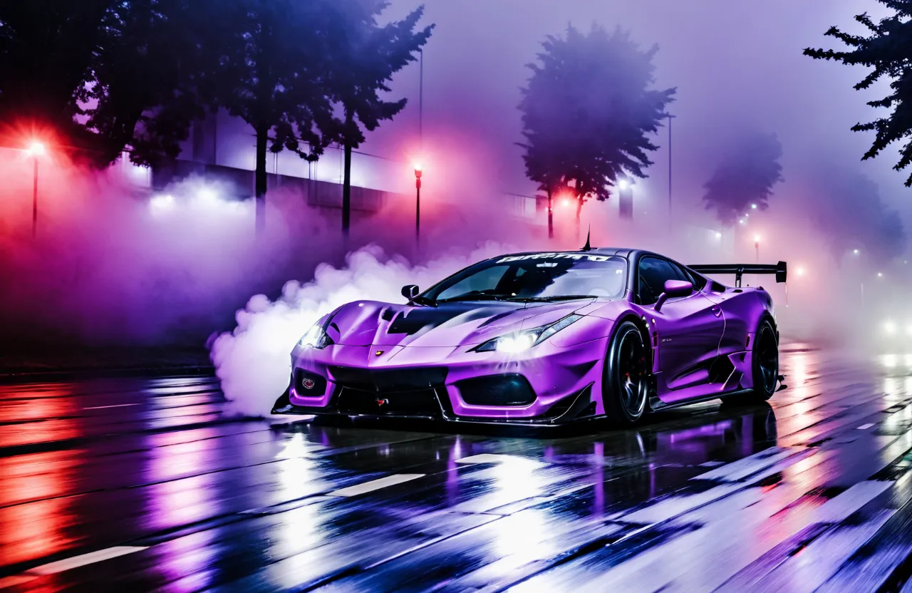 a purple sports car driving on a wet road