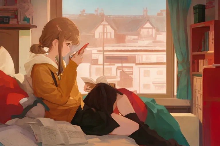 A girl immersed in a holographic book in bed, with neural headphones