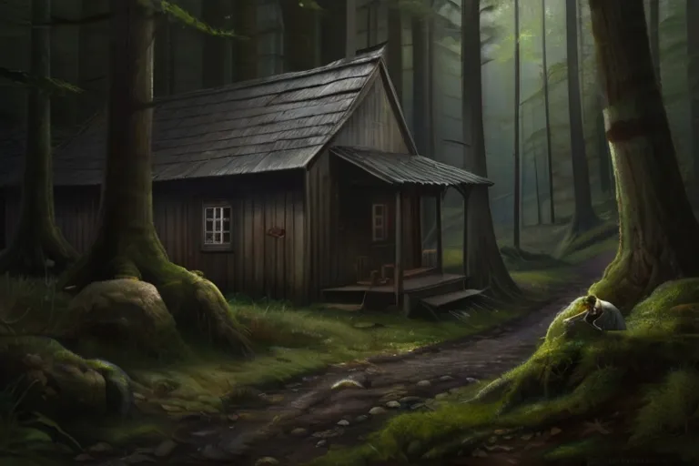 a painting of a cabin in the woods