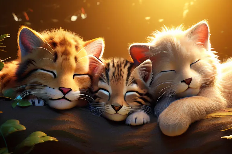 a group of kittens laying next to each other, 3d animation, ultra-detailed