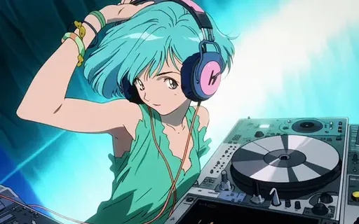 a woman with blue hair wearing headphones next to a dj's turntable