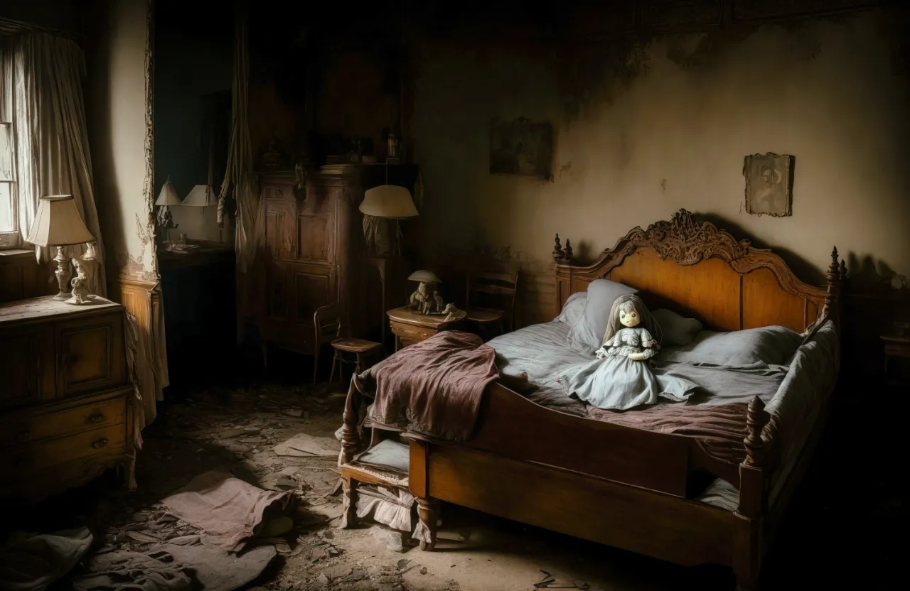 A creepy, old antique bed with a teddy bear sitting on top of it