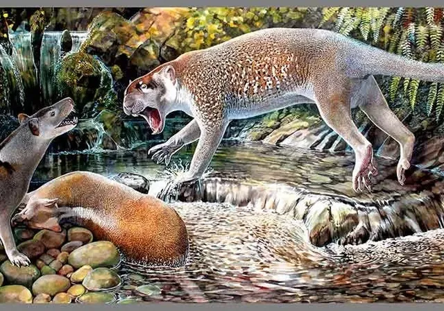 a painting of a mountain lion and two otters