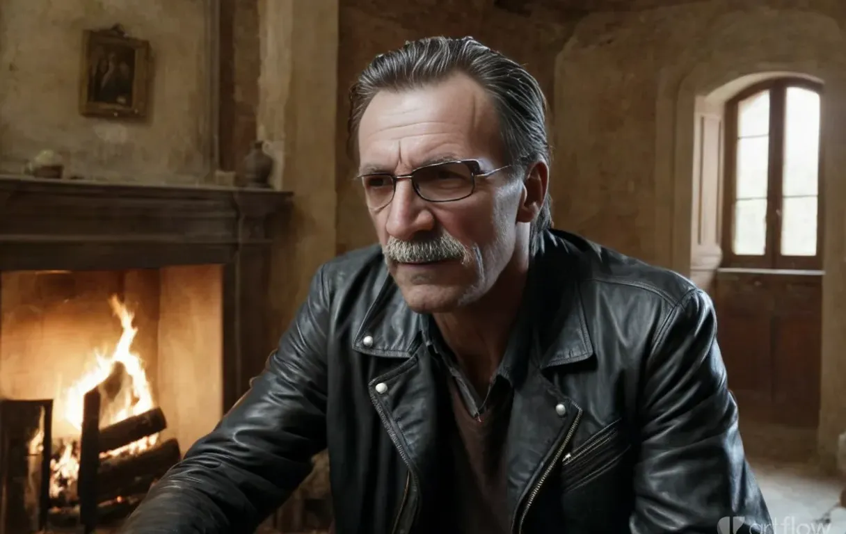 Man in black leather jacket sitting in front of a roaring fire with a their looming over him