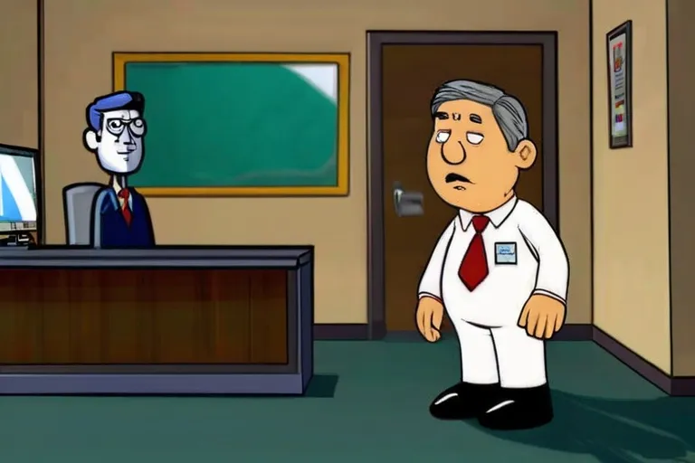 a cartoon of a man standing in front of a desk