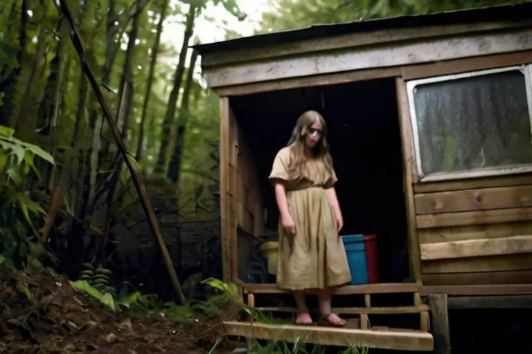 a woman in a brown dress standing in a wooden outhouse