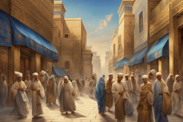 a painting of a group of people walking down a street