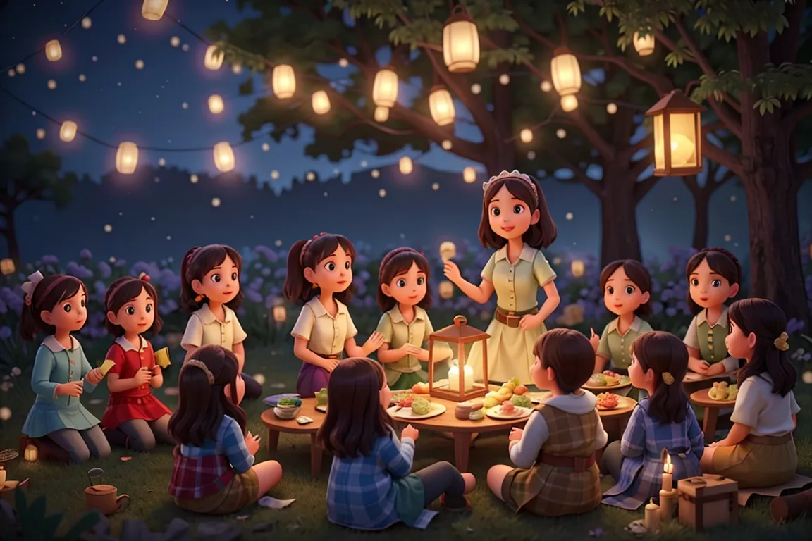 Aria and her friends gathered in the clearing, celebrating their victory with a feast as lanterns twinkle in the trees overhead.