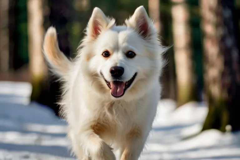 A close-up of Ollie, Aria's loyal companion, bounding through the forest with his fluffy tail wagging, a look of excitement in his eyes.