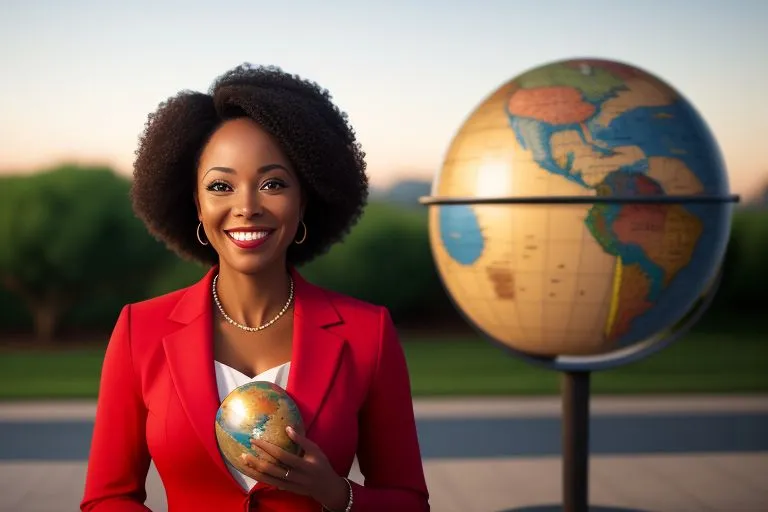 a woman in a red jacket holding a globe