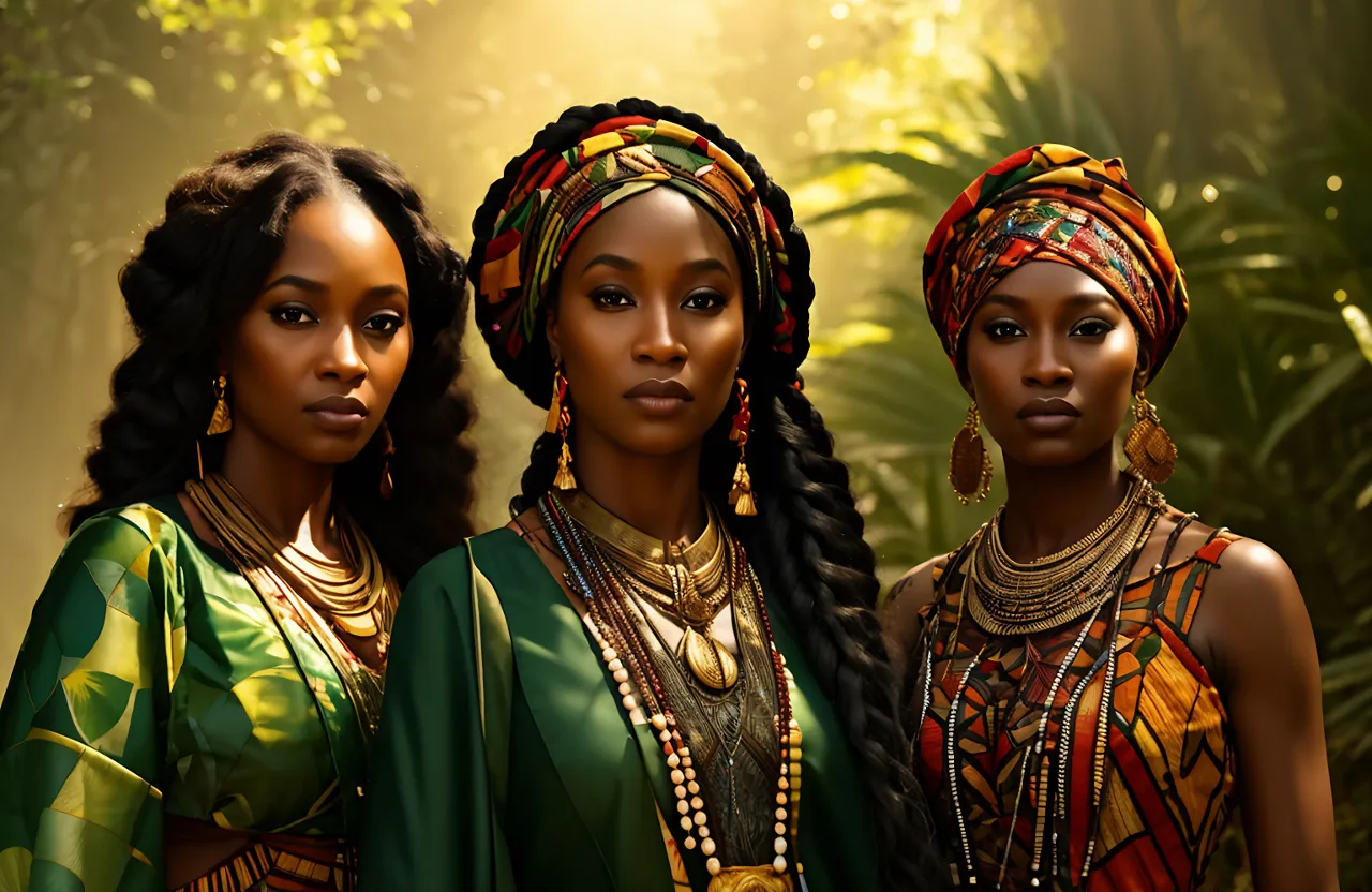 three women in african clothing standing next to each other