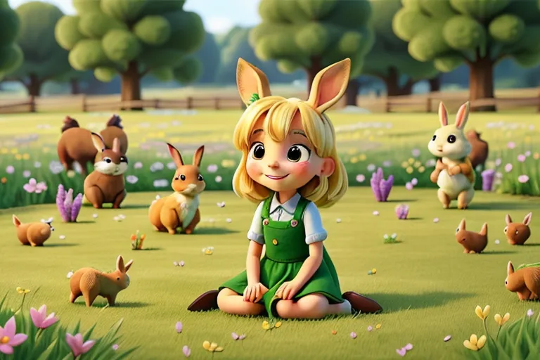 Lily sits in a meadow surrounded by playful rabbits, their ears twitching with excitement as they nibble on clover and hop around her in playful circles, their antics bringing a smile to her face.

