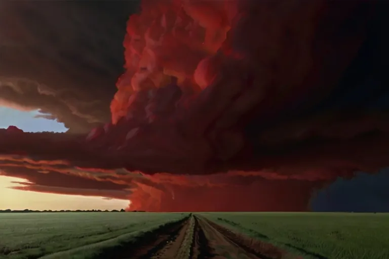 a large red cloud looms over a green field