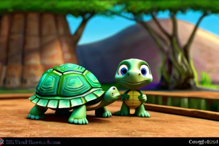 a turtle and a tortoise in a cartoon scene "Toby, the Turtle, is the wise one of the group. His slow and steady pace teaches his friends the value of patience and thoughtfulness."