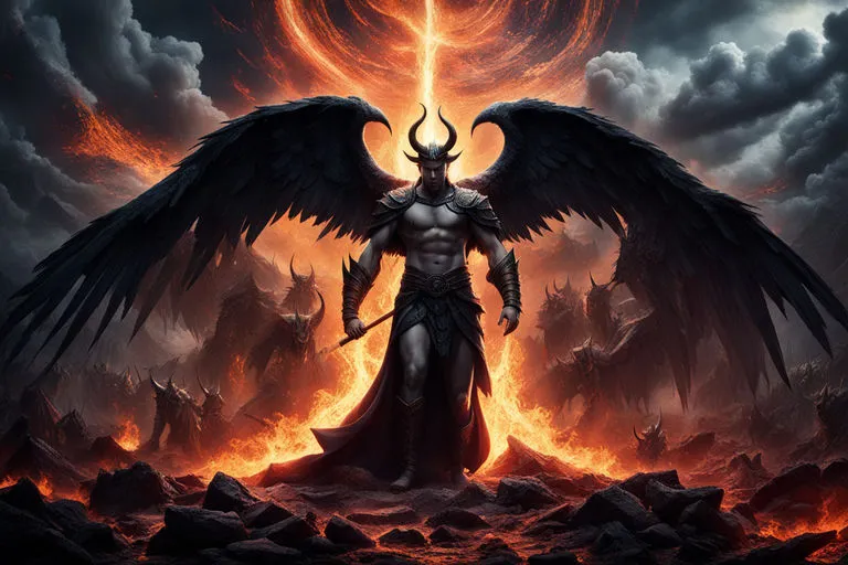 a demonic demon standing in front of a fire filled sky