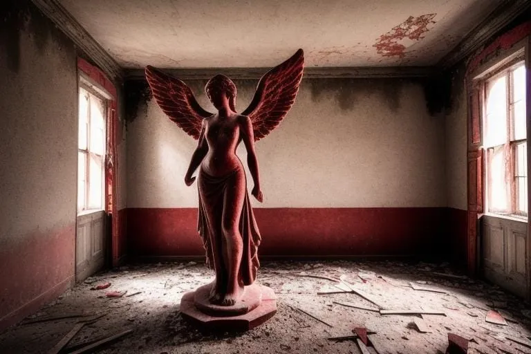 a statue of an angel in a run down room