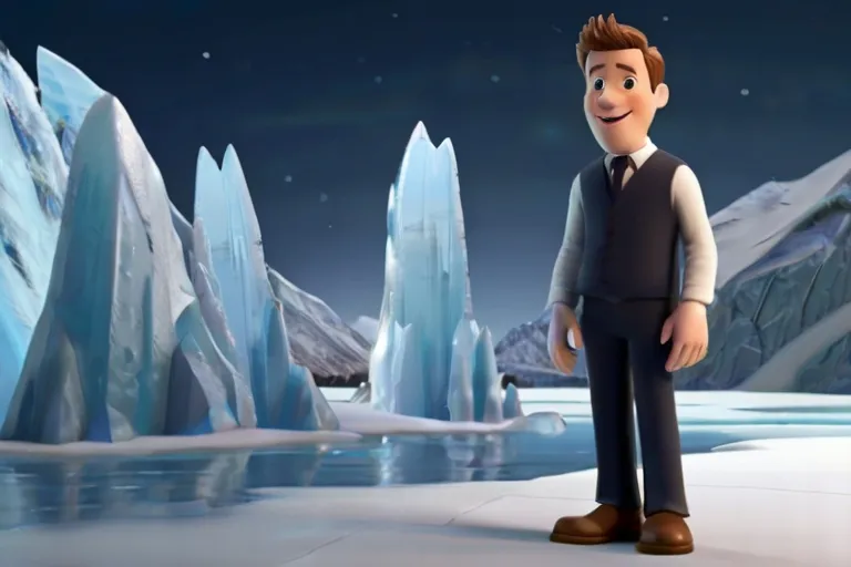 a cartoon character standing in front of icebergs