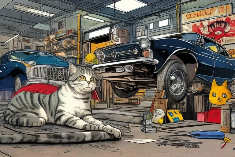 a cat laying on the ground next to a car in a garage