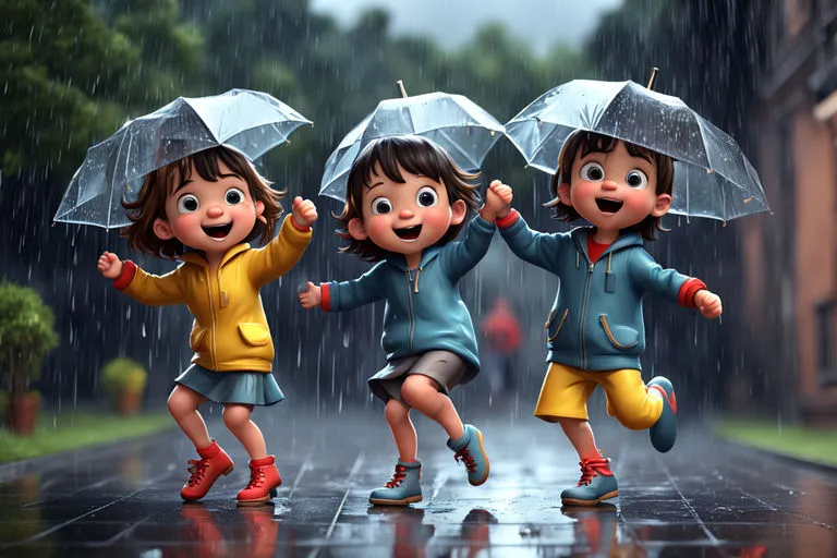 three children jumping in the rain with umbrellas