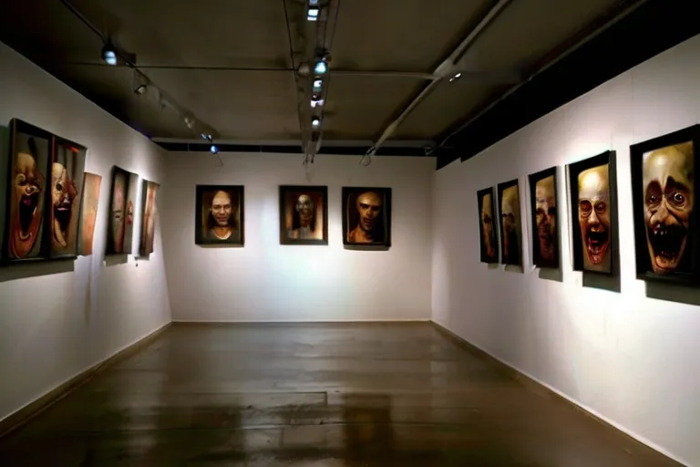 a dimly lit room with paintings on the walls