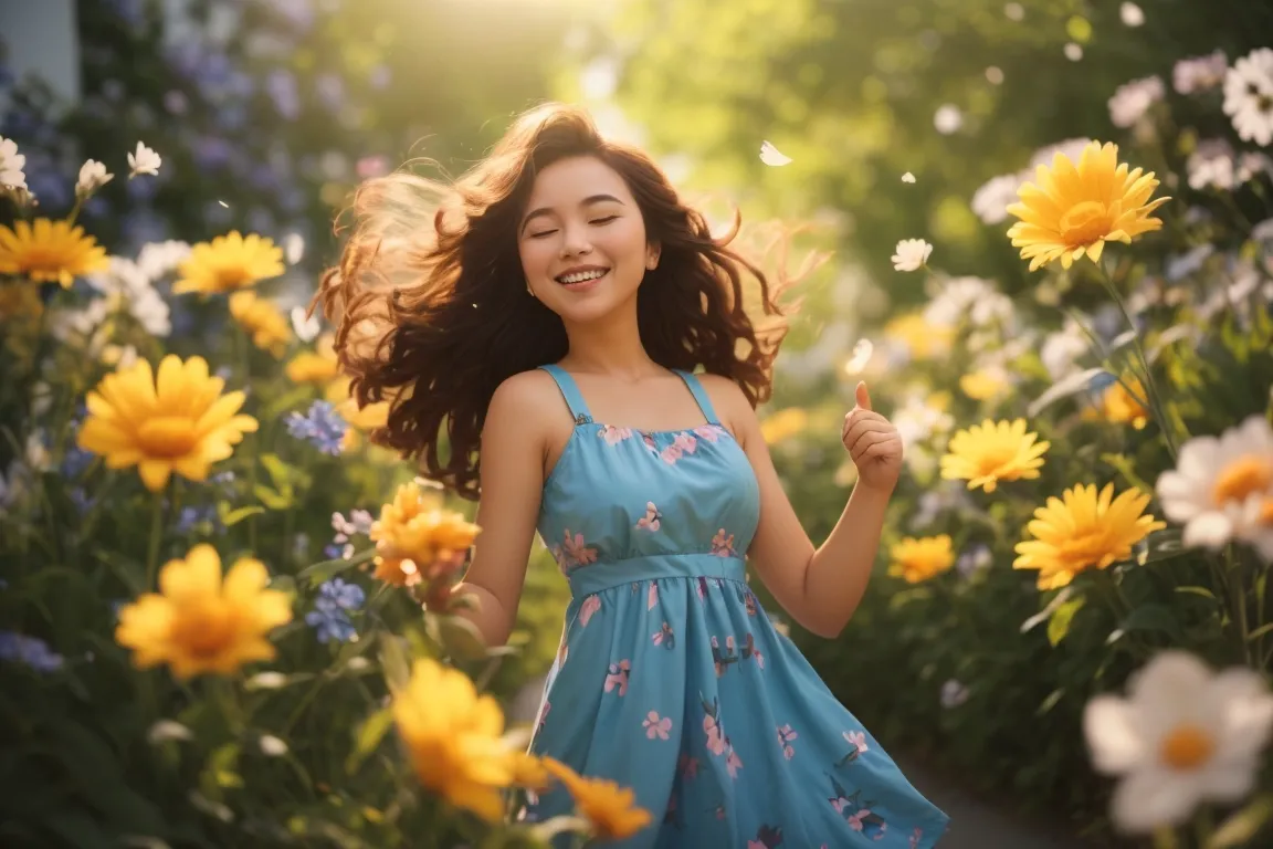 a girl in a blue dress walking through a field of flowers