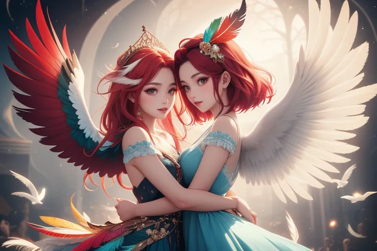 a couple of women with wings  holding each other