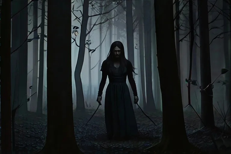 a woman in a black dress walking through a forest