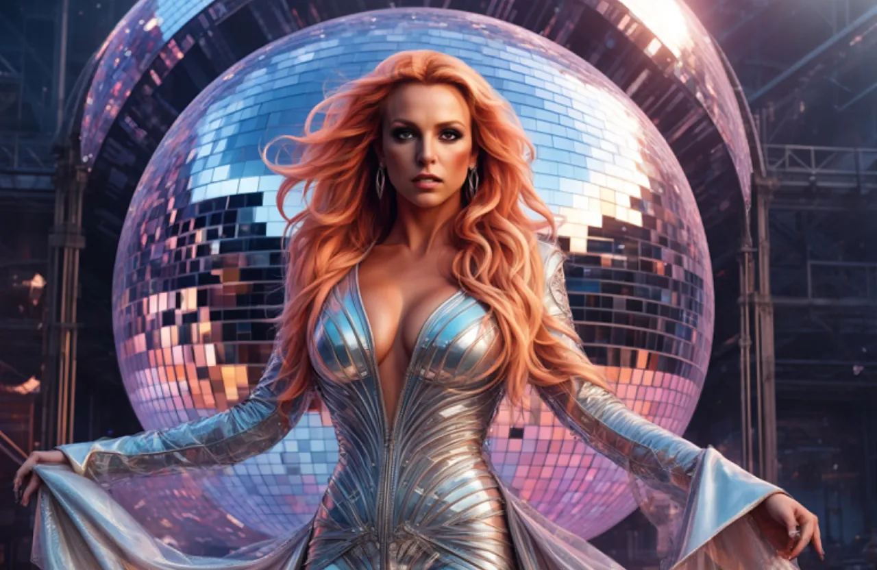 Highly detailed and hyper realistic Britney Spears looking absolutely stunning with impressive waving pastel orange hair that’s waving and blowing gorgeous in the wind and wearing a Detailed and intricate mirrored short bodysuit covered with small diamonds and with a long mirrored open coat, standing on a giant spinning disco mirror ball platform inside a circular-shaped abandoned industrial environment, windmachine effect, cinematic, music-video still, atmospheric white and blue lighting, intricate and detailed, 8k octane render, iconic