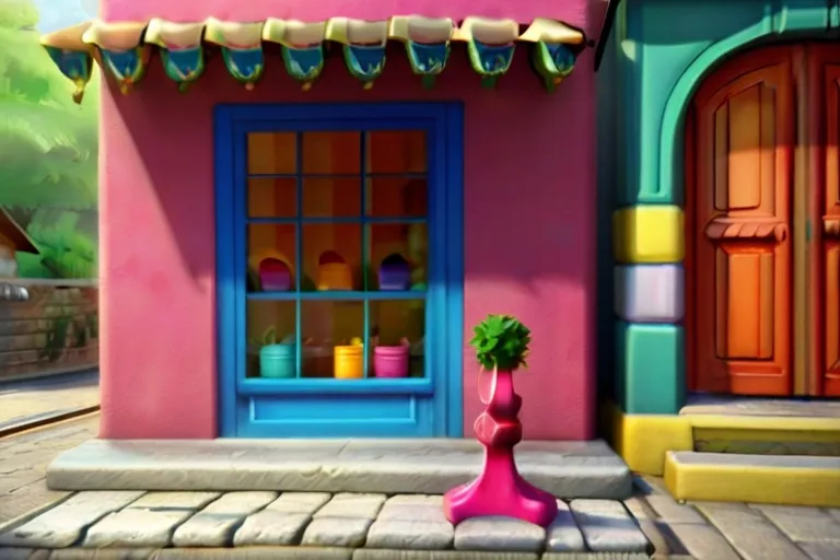 a pink building with a potted plant in front of it