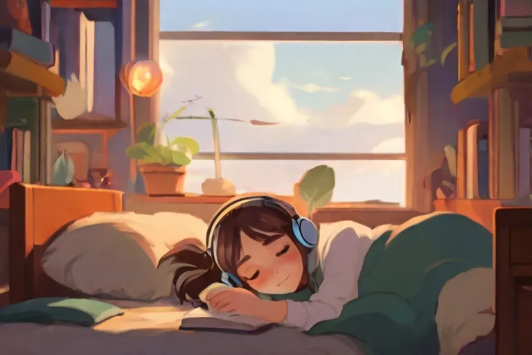 a girl lying in bed with headphones on