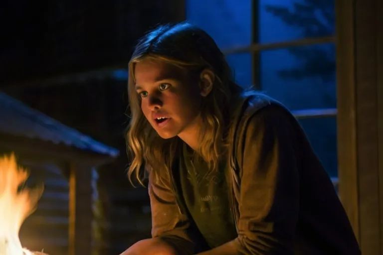 a young girl sitting in front of a fire