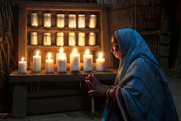 a woman kneeling down in front of a bunch of lit candles