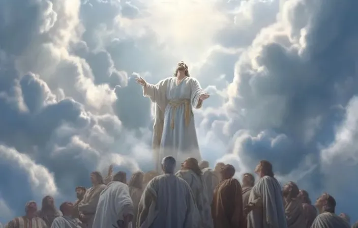 a painting of jesus standing on top of a hill surrounded by clouds