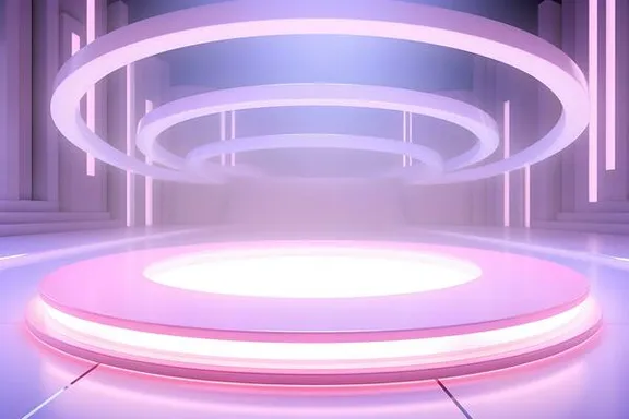 a room with a circular light in the middle of itwith logo in the background, light purple Minimalist stage design, platform, look down