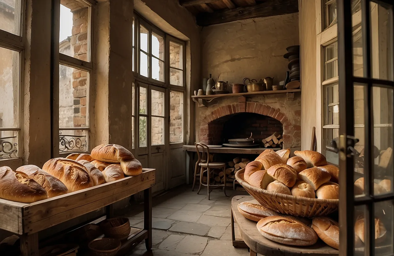 a room filled with lots of bread on top of a table