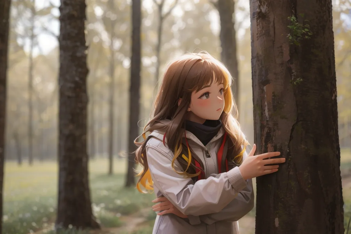 a young girl standing next to a tree in a forest