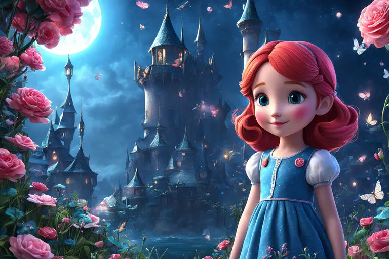 a little girl in a blue dress standing in front of a castle talking and laughing