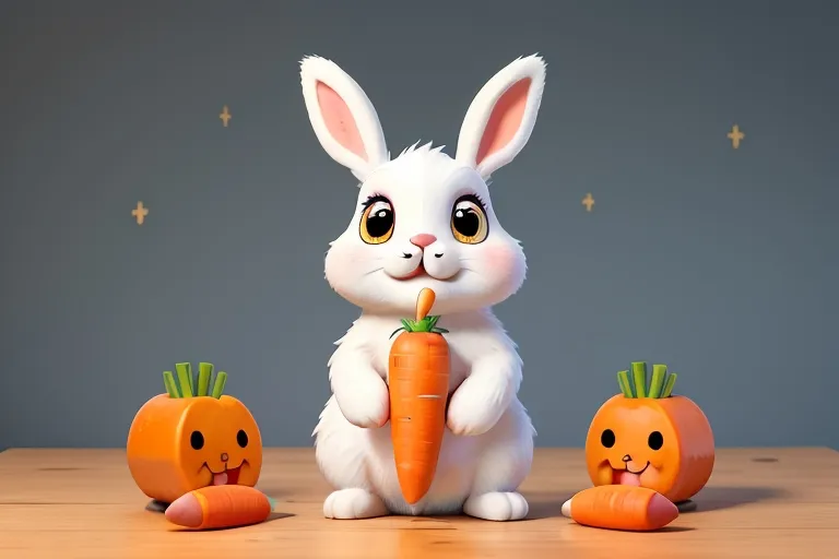 Twinkle the Bunny eagerly nibbling on a carrot, his eyes shining with excitement.