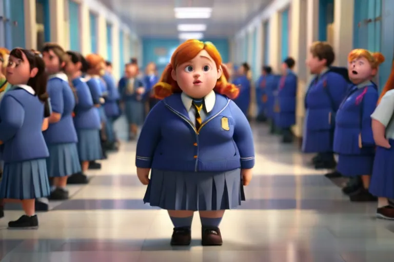 a group of children in school uniforms standing in a hallway