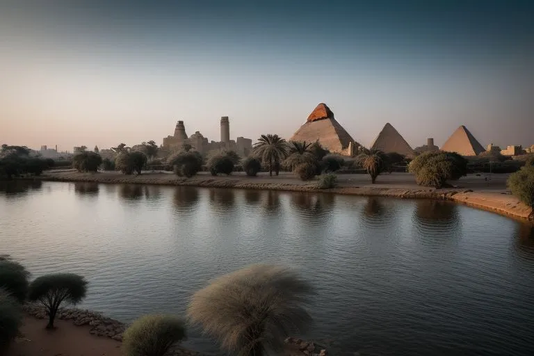 a body of water surrounded by trees and pyramids