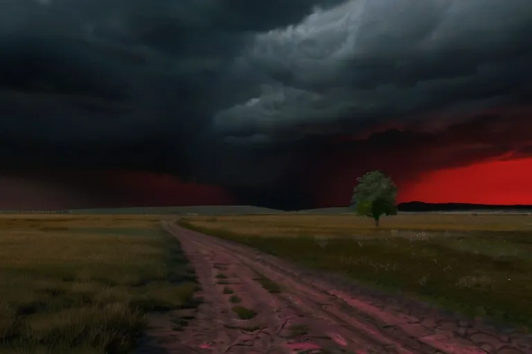 a lone tree on a dirt road under a red sky