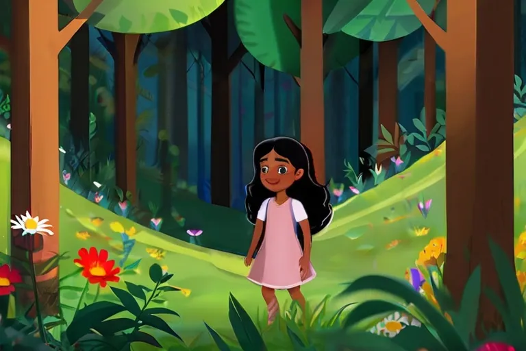 a little girl standing in the middle of a forest