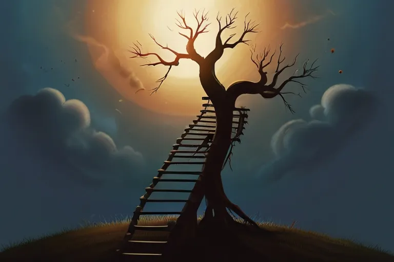 a ladder leading up to a tree with a full moon in the background
