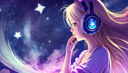 a girl with headphones looking at the stars