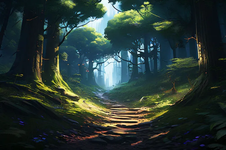 a painting of a path through a forest